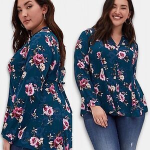 Torrid Harper Teal Floral Long Sleeve Tie Back Blouse Sz OX 1X XXL